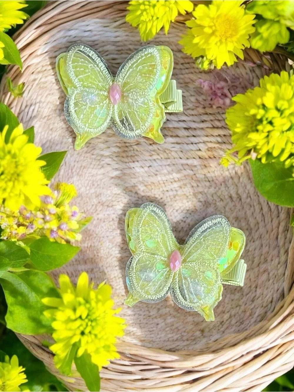 Iridescent Pastel Yellow Butterfly Hair Clips - Set of 2